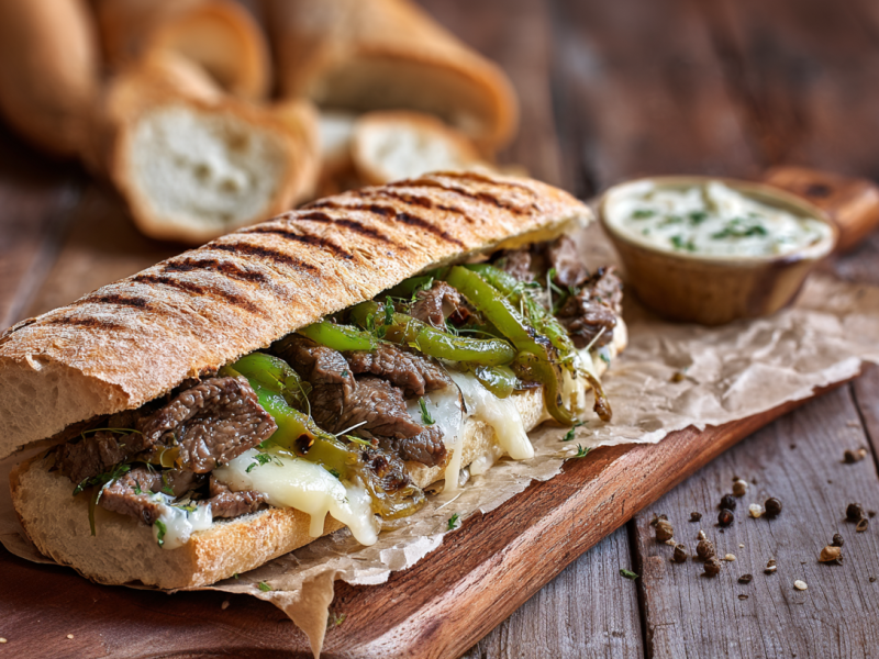 Philly Cheese Steak Sandwich vom Grill, serviert auf einem Brett.