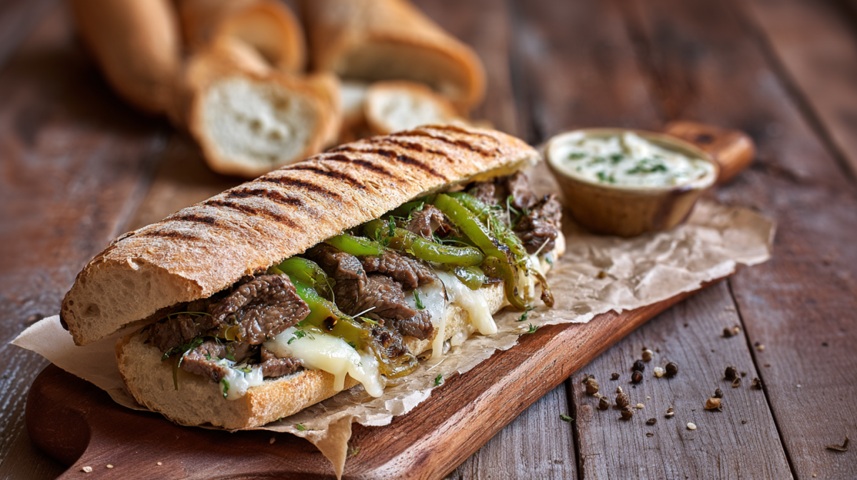 Philly Cheese Steak Sandwich vom Grill, serviert auf einem Brett.