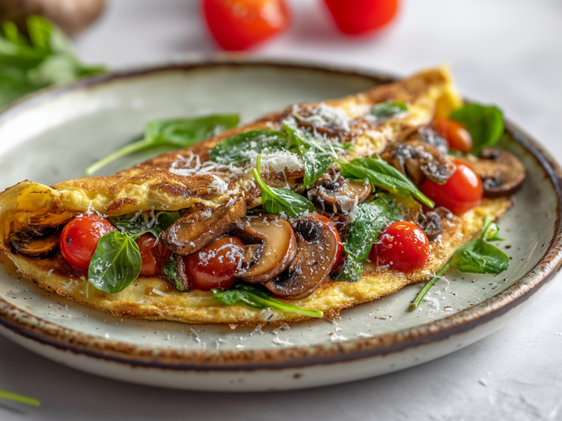 Ein Pilz-Basilikum-Omelett auf einem grauen Teller. Im Hintergrund sieht man noch weiteren frischen Basilikum, einen Pilz sowie Tomaten.