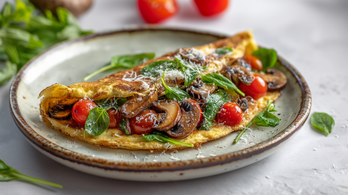 Ein Pilz-Basilikum-Omelett auf einem grauen Teller. Im Hintergrund sieht man noch weiteren frischen Basilikum, einen Pilz sowie Tomaten.