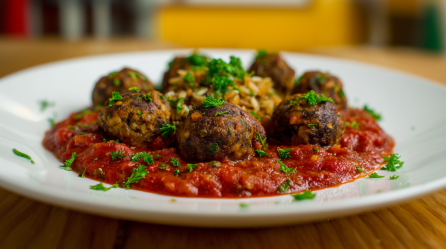 Ein Teller mit Pilzbällchen in Tomatensoße, garniert mit frischer Petersilie.