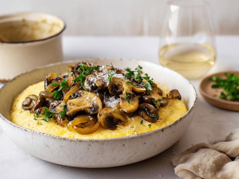 Ein Teller mit Pilzragout mit Parmesan-Polenta. Daneben liegt eine Serviette und steht ein Glas Wein.