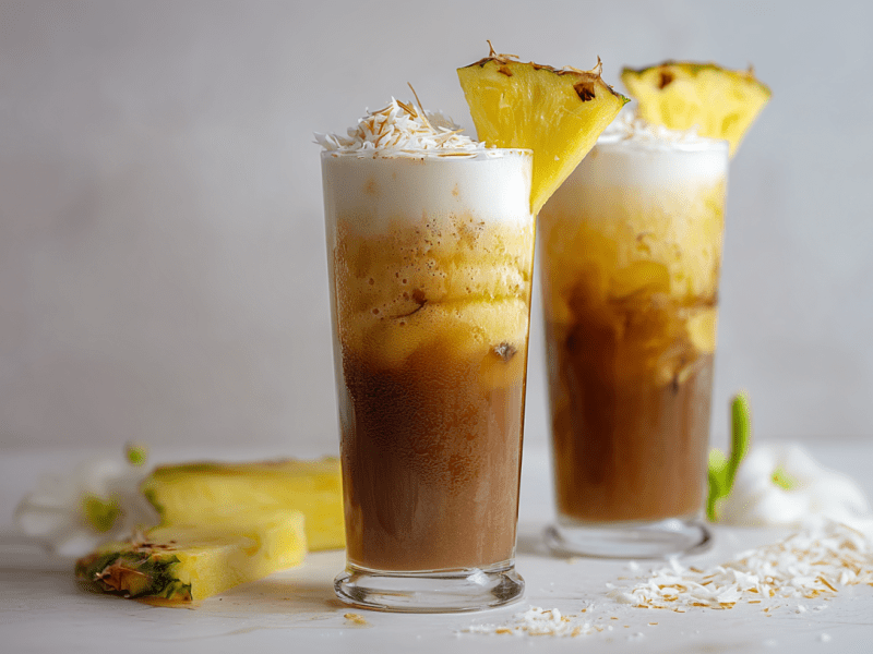 Zwei Gläser mit Piña Colada-Eiskaffee, dekoriert mit einem Ananasstück. Daneben liegt Ananas als Deko.