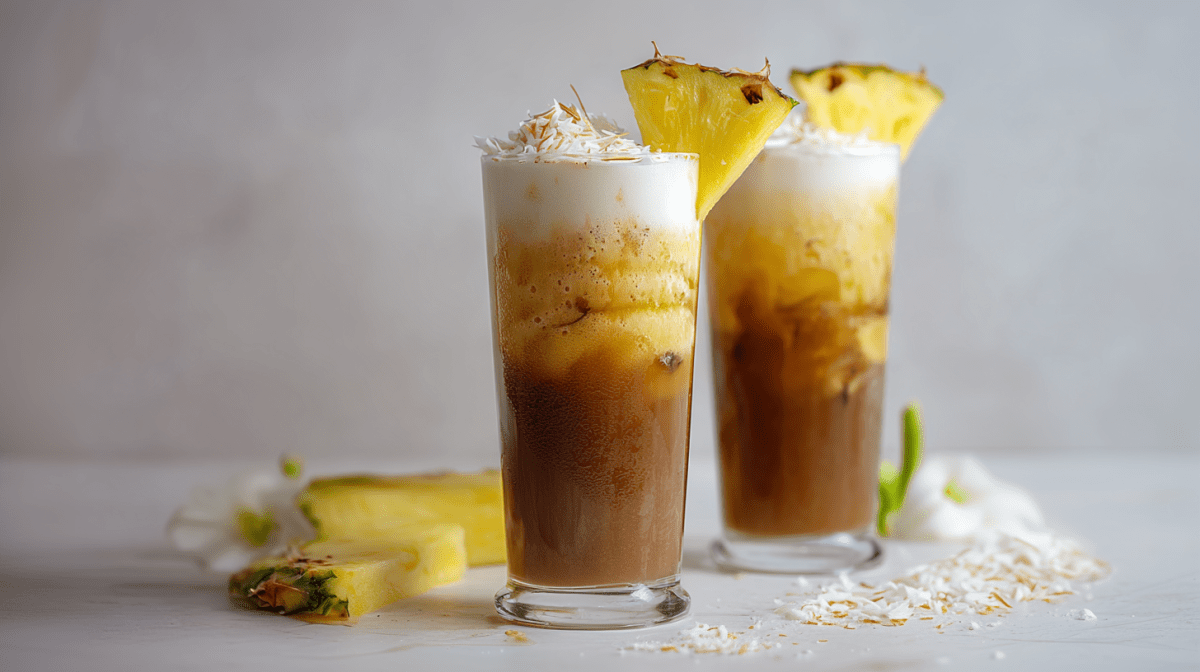 Zwei Gläser mit Piña Colada-Eiskaffee, dekoriert mit einem Ananasstück. Daneben liegt Ananas als Deko.