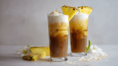 Zwei Gläser mit Piña Colada-Eiskaffee, dekoriert mit einem Ananasstück. Daneben liegt Ananas als Deko.