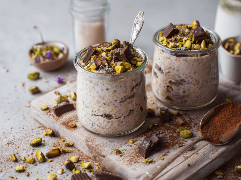 Zwei Gläser Pistazien-Schoko-Overnight Oats stehen auf einem kleinen Holzbrett. Sie haben gehackte Pistazien und Schokolade als Topping. Um sie herum liegen einige Pistazien und Schokostücke verteilt. Auf dem Brett liegt außerdem noch ein Löffel mit Kakaopulver.