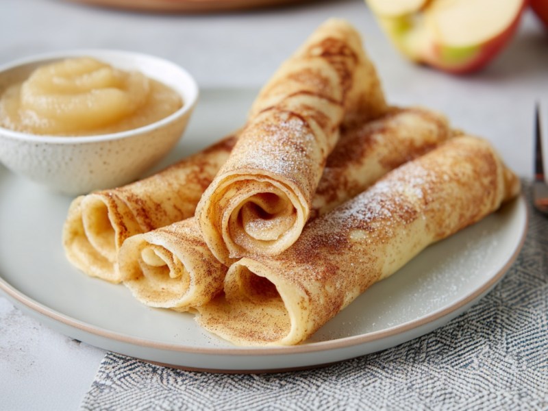 Mehrere Plinsen auf einem Teller. Daneben steht ein Schälchen Apfelmus mit auf dem Teller.