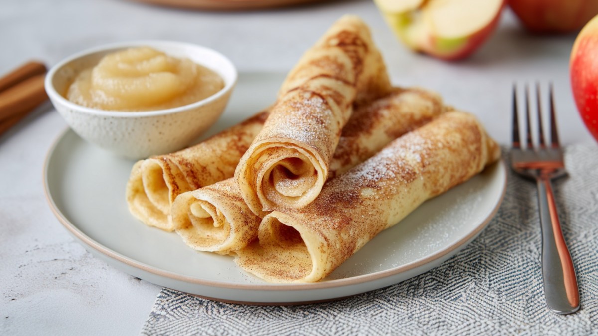 Mehrere Plinsen auf einem Teller. Daneben steht ein Schälchen Apfelmus mit auf dem Teller.