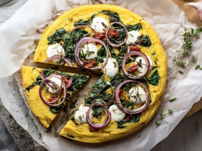 Eine mediterrane Polenta-Tarte in der Draufsicht.