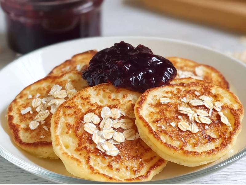 Teller mit Quark-Haferflocken-Pancakes und Heidelbeerkompott obendrauf