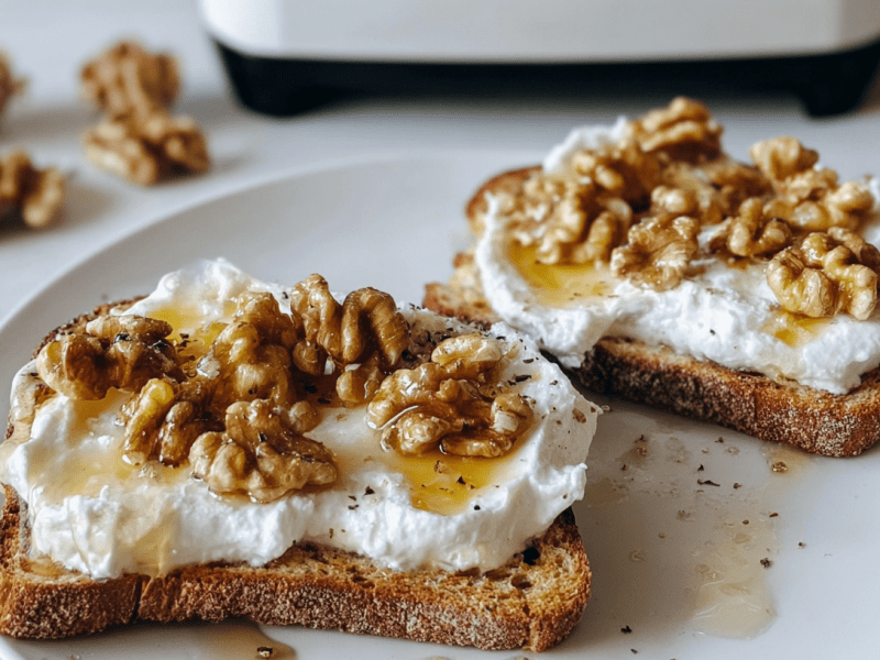 Teller mit zwei Scheiben Ricotta-Honig-Toast