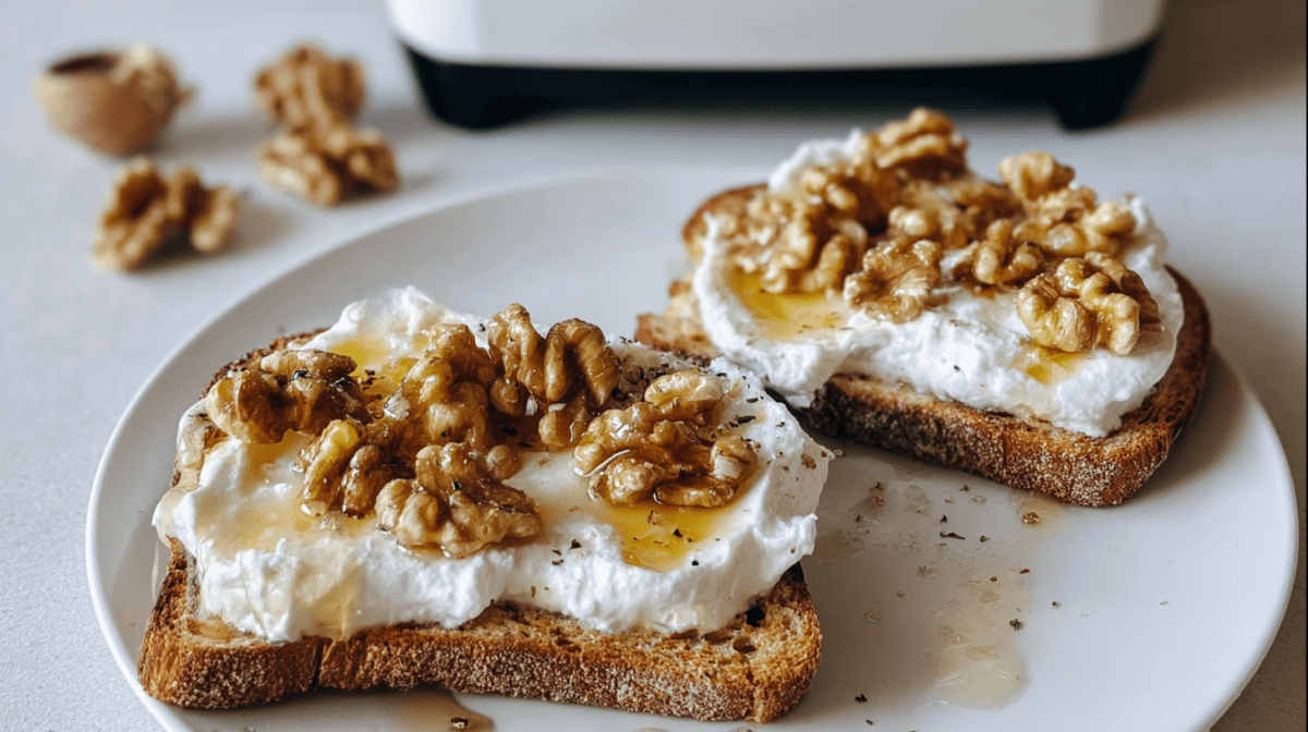 Teller mit zwei Scheiben Ricotta-Honig-Toast