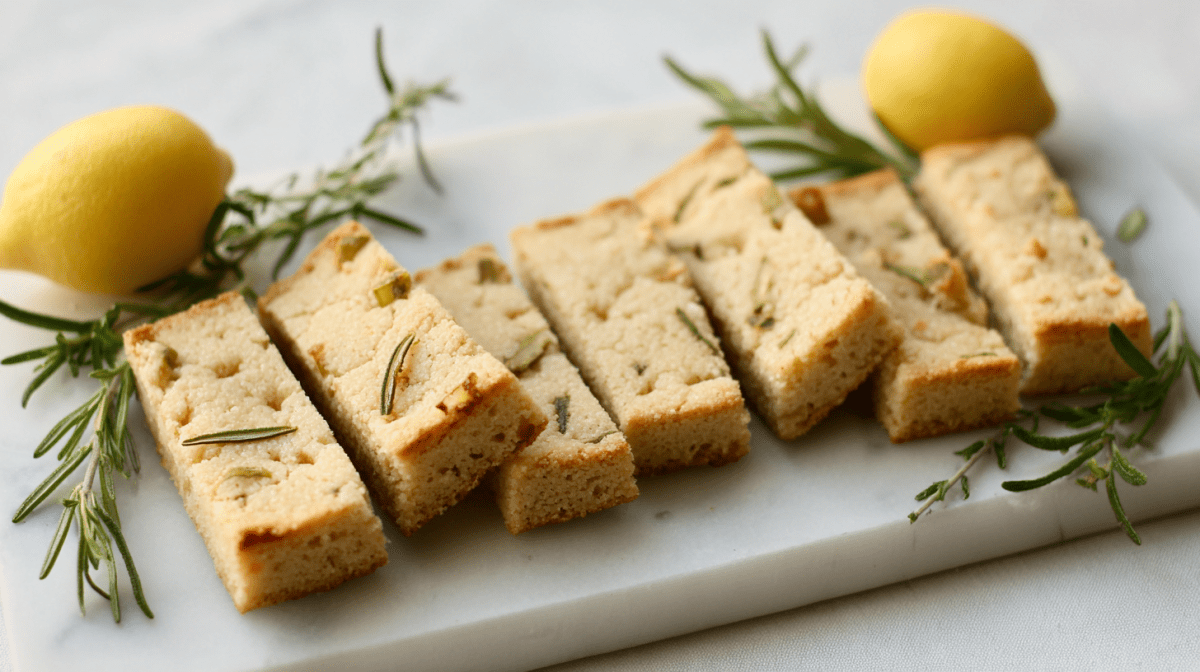 Rosmarin-Zitronen-Shortbread auf einem Marmorbrett, umgeben von Rosmarinzweigen und Zitronen.