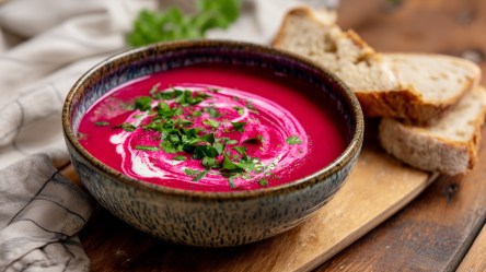 Eine Schüssel Rote-Bete-Suppe mit Kefir, die mit frischer Petersilie garniert ist. Die Schüssel steht auf einem Holzbrett, daneben ein drapiertes Küchenhandtuch und einige Schreiben Brot.