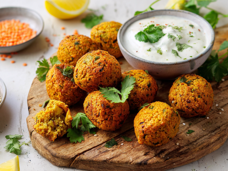 Ein Holzbrett auf dem einige Rote-Linsen-Falafel liegen mit einer Schale voll Tahini-Joghurt-Dip. Ringsum stehen Schalen mit roten Linsen und weißem Sesam. Auch frischer Koriander und einige Zitronenstücke sind zu sehen.