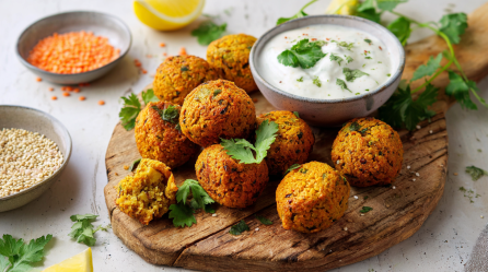 Ein Holzbrett auf dem einige Rote-Linsen-Falafel liegen mit einer Schale voll Tahini-Joghurt-Dip. Ringsum stehen Schalen mit roten Linsen und weißem Sesam. Auch frischer Koriander und einige Zitronenstücke sind zu sehen.