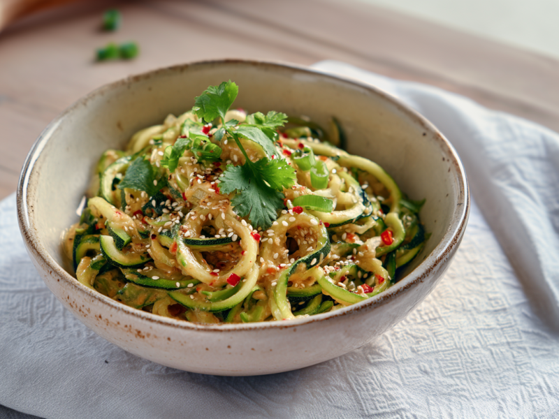 Eine Schüssel mit scharfen Knoblauch-Zucchini auf einem hellen Tuch. Im Hintergrund sieht man ein Schälchen mit ein paar Sesamkörnern.
