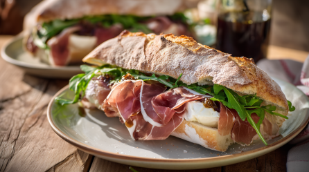 Schinken-Burrata-Sandwich mit Feigenmarmelade auf einem Teller. Im Hintergrund ist noch eins zu sehen.