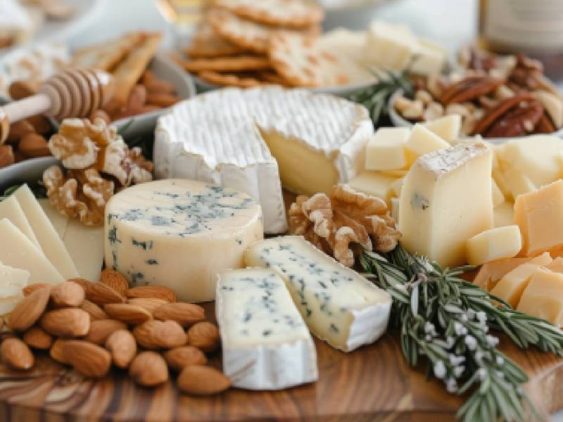 Großes Holzbrett mit verschiedenen Käsesorten