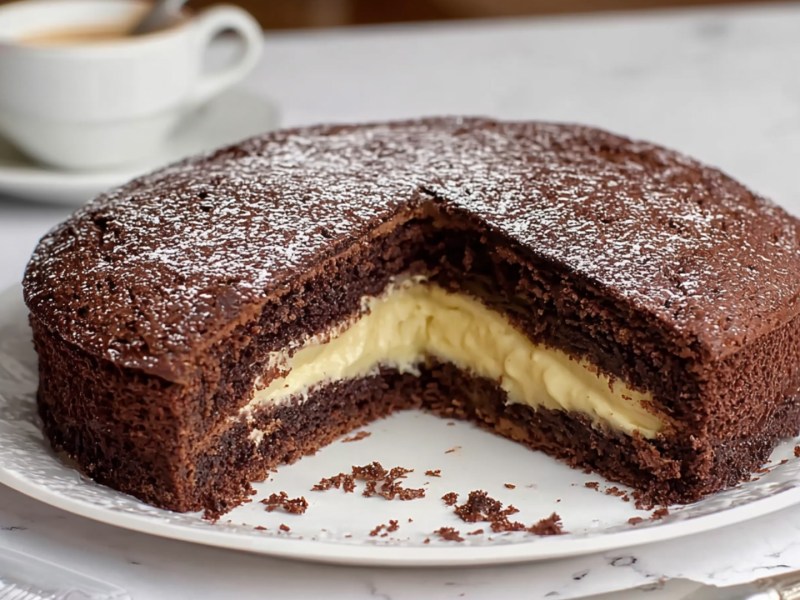 Ein angeschnittener Schokokuchen mit Pudding auf einem Teller.