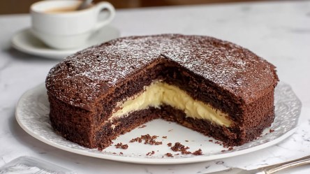 Ein angeschnittener Schokokuchen mit Pudding auf einem Teller.