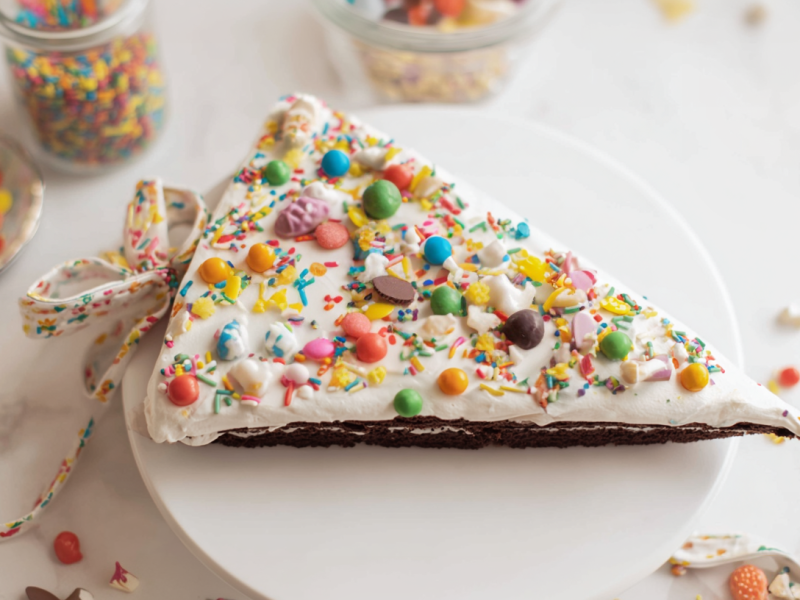 Bunt dekorierter Schultüten-Kuchen, serviert auf einem großen Teller.