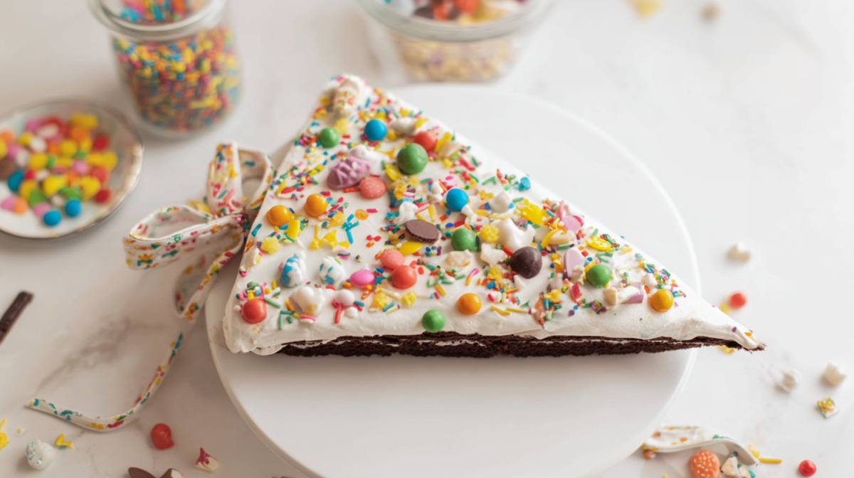 Bunt dekorierter Schultüten-Kuchen, serviert auf einem großen Teller.