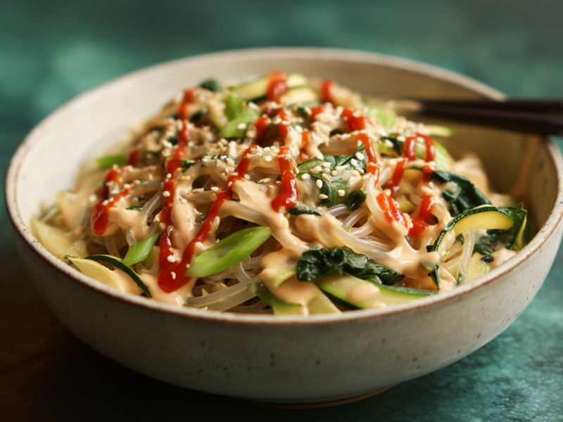 Eine Schale mit Sesamnudeln mit Zoodles und Spinat.