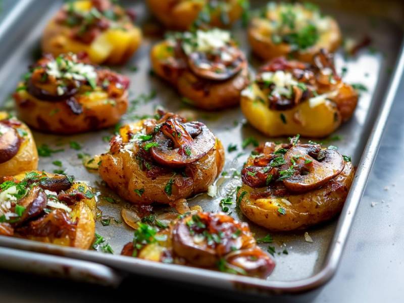 Blech mit Smashed Potatoes mit karamellisierten Champignons