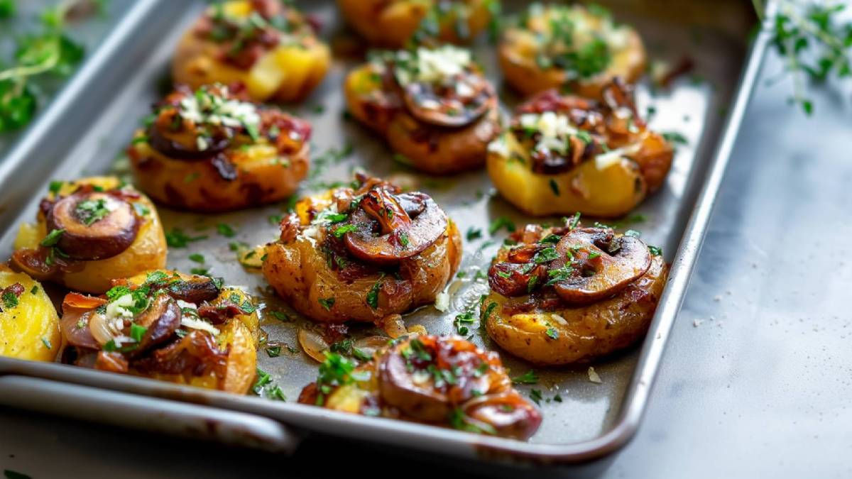 Blech mit Smashed Potatoes mit karamellisierten Champignons