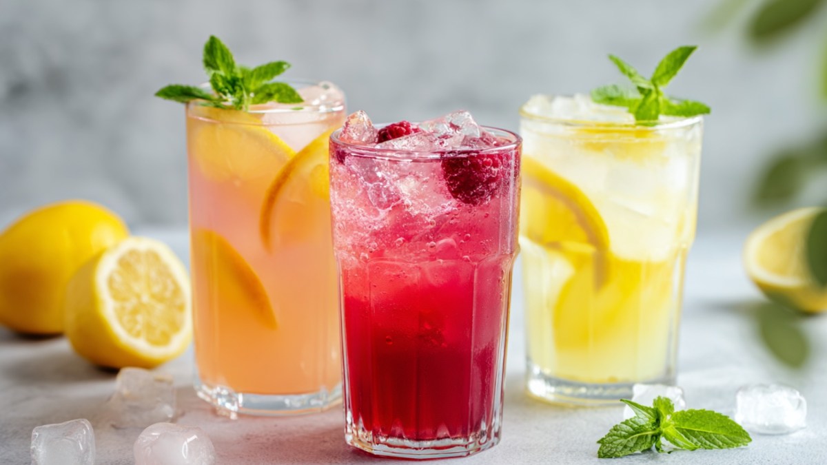 Drei Sommerlimonaden in hohen Gläsern.