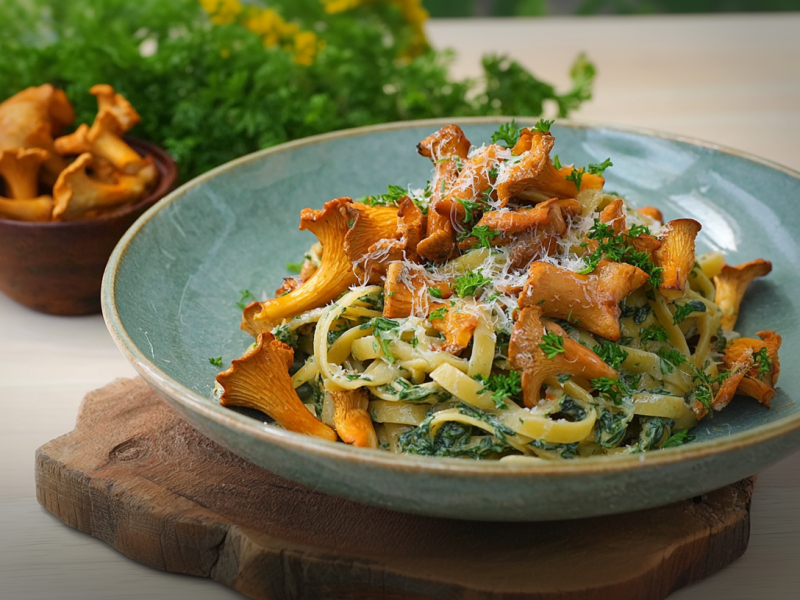 Ein Teller mit Spinatpasta mit Pfifferlingen.