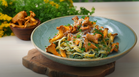 Ein Teller mit Spinatpasta mit Pfifferlingen.