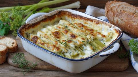 Ein Staudensellerie-Gratin in einer rustikalen Auflaufform auf einem Holzbrett. Links im Hintergrund liegt weiterer Sellerie. Rechts ein Laib Brot.