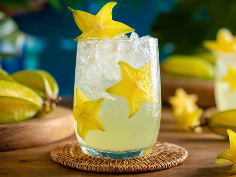 Ein GLas Sternschnuppen-Cocktail, garniert mit Sternfrucht.