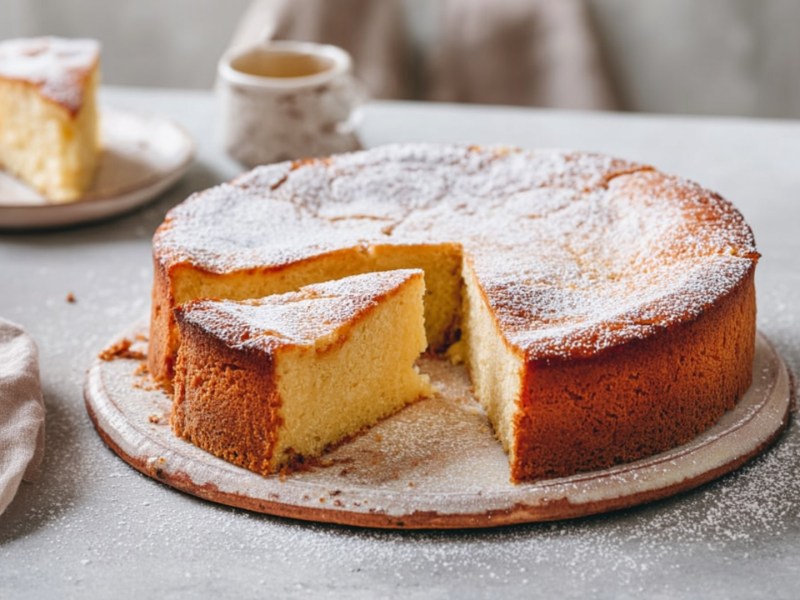 Ein runder süßer Kartoffelkuchen, der angeschnitten ist. Im Hintergrund liegt ein Stück auf einem Teller. Daneben steht ein Kaffeebecher. Der Kuchen liegt auf einer runden Platte.