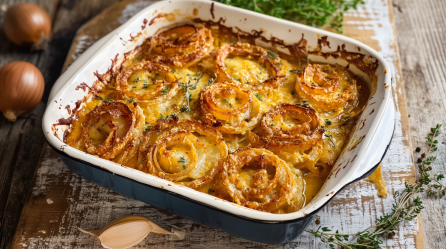 Tennessee-Zwiebeln in einer Aufflaufform auf einem Holzbrett. Vor der Form liegt eine Knoblauchzehe sowie getrocknete Kräuter. Hinten links liegen zwei Zwiebeln.