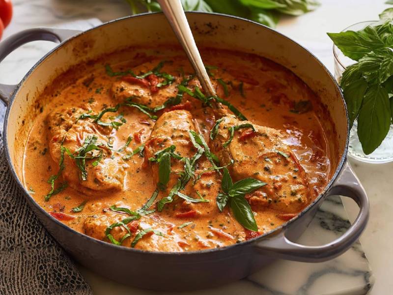 Topf mit Tomate-Basilikum-Hähnchen