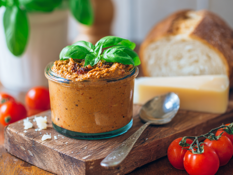 Ein Glas Tomaten-Parmesan-Aufstrich auf einem Holzbrettchen. Im Hintergrund erkennt man Tomaten, Parmesan und Weißbrot.
