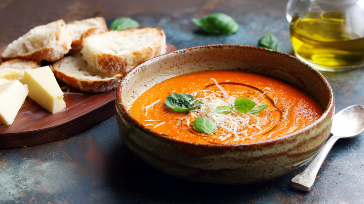 Ein Teller mit Tomaten-Parmesan-Basilikum-Suppe. Daneben steht ein Brett mit Brot und Parmesan, ein kleines Glas mit Olivenöl und ein Löffel liegt daneben.