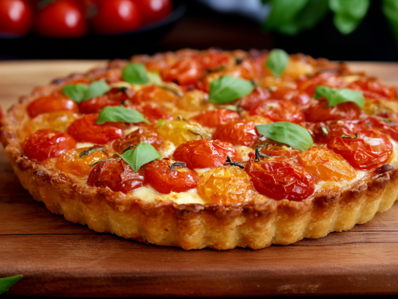 Eine Tomaten-Parmesan-Tarte auf einem Holzbrett. Links neben ihr liegen Tomaten. Im Hintergrund sieht man weitere Zutaten, wie Tomaten und Basilikum.