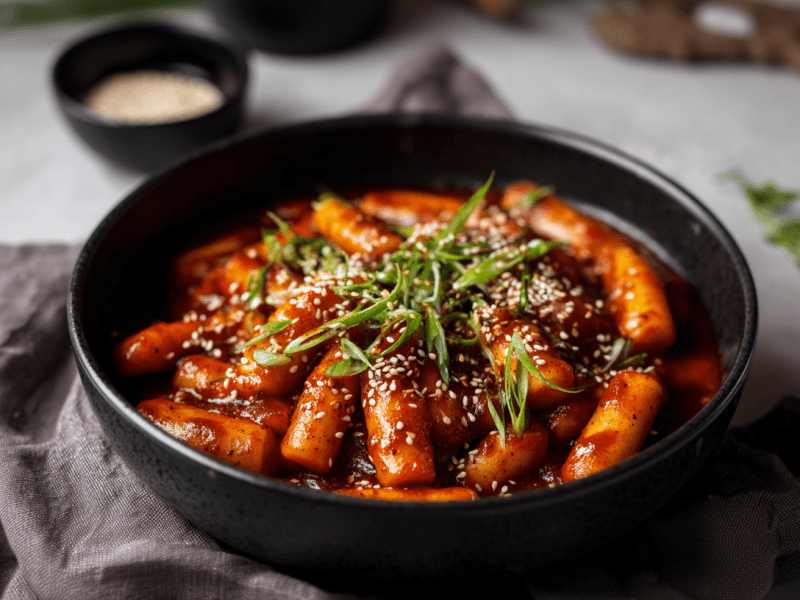 Eine Schale mit Tteokbokki steht auf einem grauen Küchentuch. Im Hintergrund steht ein Schälchen mit Sesamkörnern, rechts neben der Schale liegen frische Kräuter.