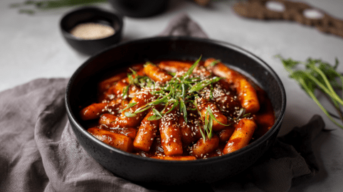Eine Schale mit Tteokbokki steht auf einem grauen Küchentuch. Im Hintergrund steht ein Schälchen mit Sesamkörnern, rechts neben der Schale liegen frische Kräuter.