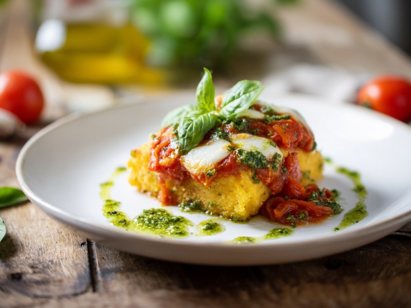 Ein Teller mit einem Stück überbackener Polenta mit Tomatensoße und Mozzarella Das Ganze ist mit grünem Pesto und frischen Basilikumblättern garniert. Im Hintergrund kann man frische Tomaten, frisches Basilikum und ein Glasgefäß mit Olivenöl sehen.