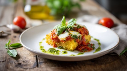 Ein Teller mit einem Stück überbackener Polenta mit Tomatensoße und Mozzarella Das Ganze ist mit grünem Pesto und frischen Basilikumblättern garniert. Im Hintergrund kann man frische Tomaten, frisches Basilikum und ein Glasgefäß mit Olivenöl sehen.