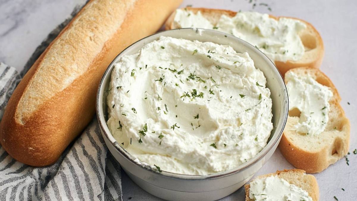 Schale mit Weißer Grieche Aufstrich, Baguette daneben