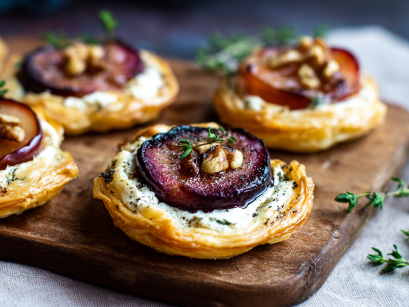 Ziegenkäse-Pflaumen-Tartelettes liegen auf einem Brett.