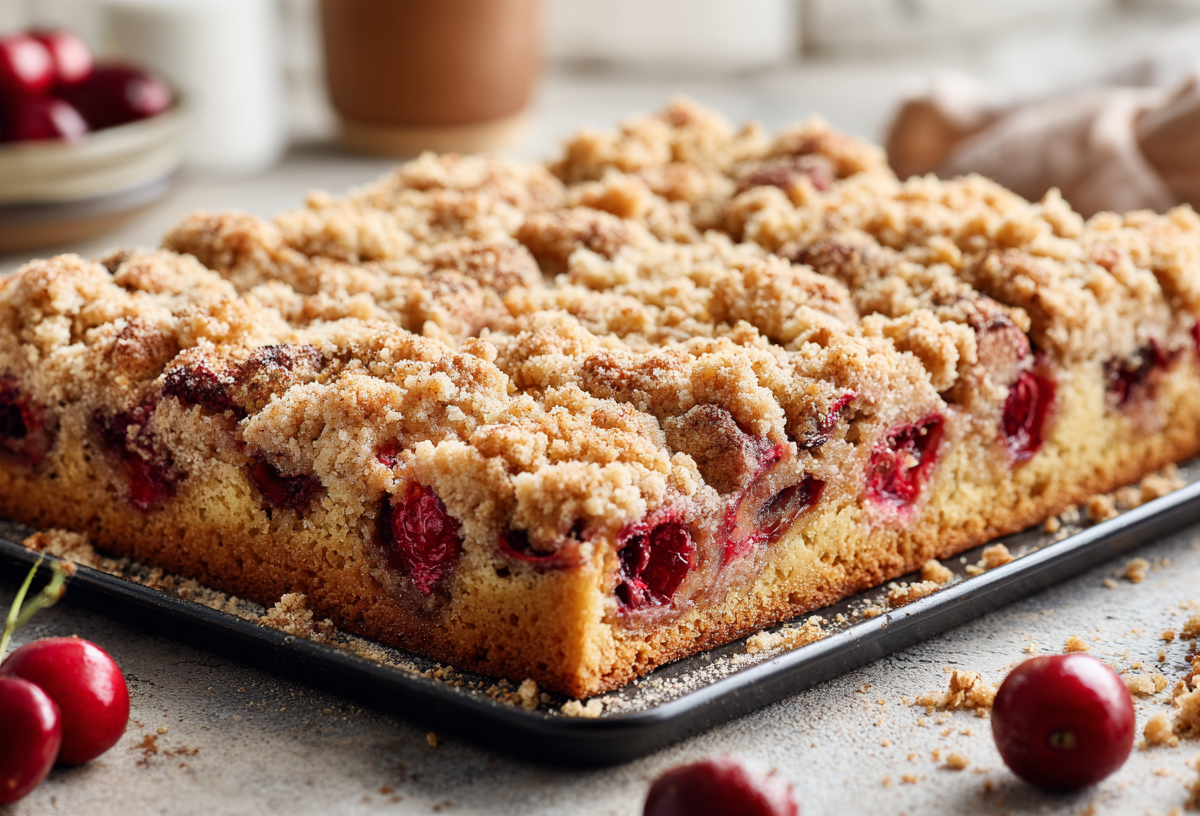Ein Zimt-Kirschkuchen auf einem Backblech. Um ihn herum sind einige Streusel und Kirschen verteilt. Im Hintergrund sieht man eine Schale mit weiteren Kirschen.