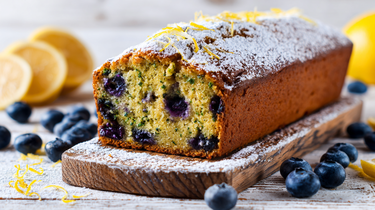 Ein Zucchini-Blaubeer-Kuchen auf einem Holzbrett. Er ist angeschnitten und gibt den Blick auf saftigen Teig und Blaubeeren frei. Auf seiner Kruste ist etwas geriebene Zitronenschale verteilt. Um das Brett verteilt liegen Blaubeeren sowie Zitronen.