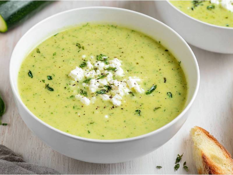 Schale mit Zucchini-Feta-Suppe, Baguettescheiben daneben